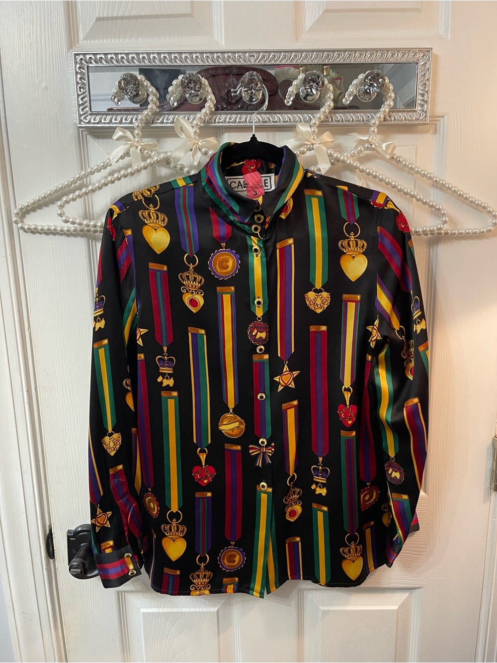 Vintage Carlisle SILK Black Medal Print Button-Up Shirt - Multicolor